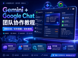 Gemini + Google Chat 团队协作教程封面图，展示消息总结、任务提醒和资料查询流程