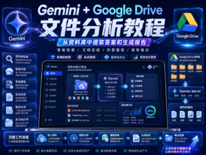 Gemini + Google Drive 文件分析教程封面，展示从资料库提取答案、整理证据并生成报告的 AI 工作流