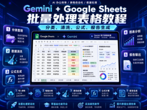 Gemini + Google Sheets 批量处理表格教程封面，展示AI分类、清洗、公式和报告生成流程