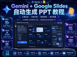 Gemini + Google Slides 自动生成 PPT 教程封面图，展示 AI 生成大纲、页面文案和配图提示词的自动化流程
