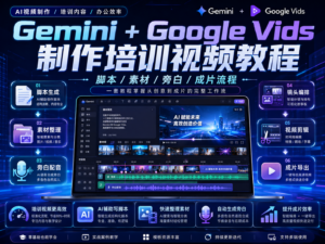 Gemini + Google Vids 培训视频制作教程封面，展示脚本、素材、旁白和成片流程
