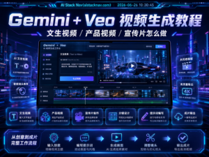 Gemini 与 Veo 视频生成教程封面，科技感蓝色背景，AI 图标与流程元素