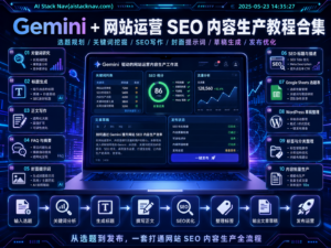 Gemini + 网站运营 SEO 内容生产教程合集封面，展示 AI 工具导航站内容工厂、SEO 文章生成、WordPress 发布、Rank Math 优化和多平台推广工作流。