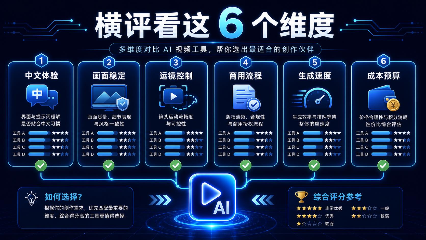 AI 视频工具横评六个维度图