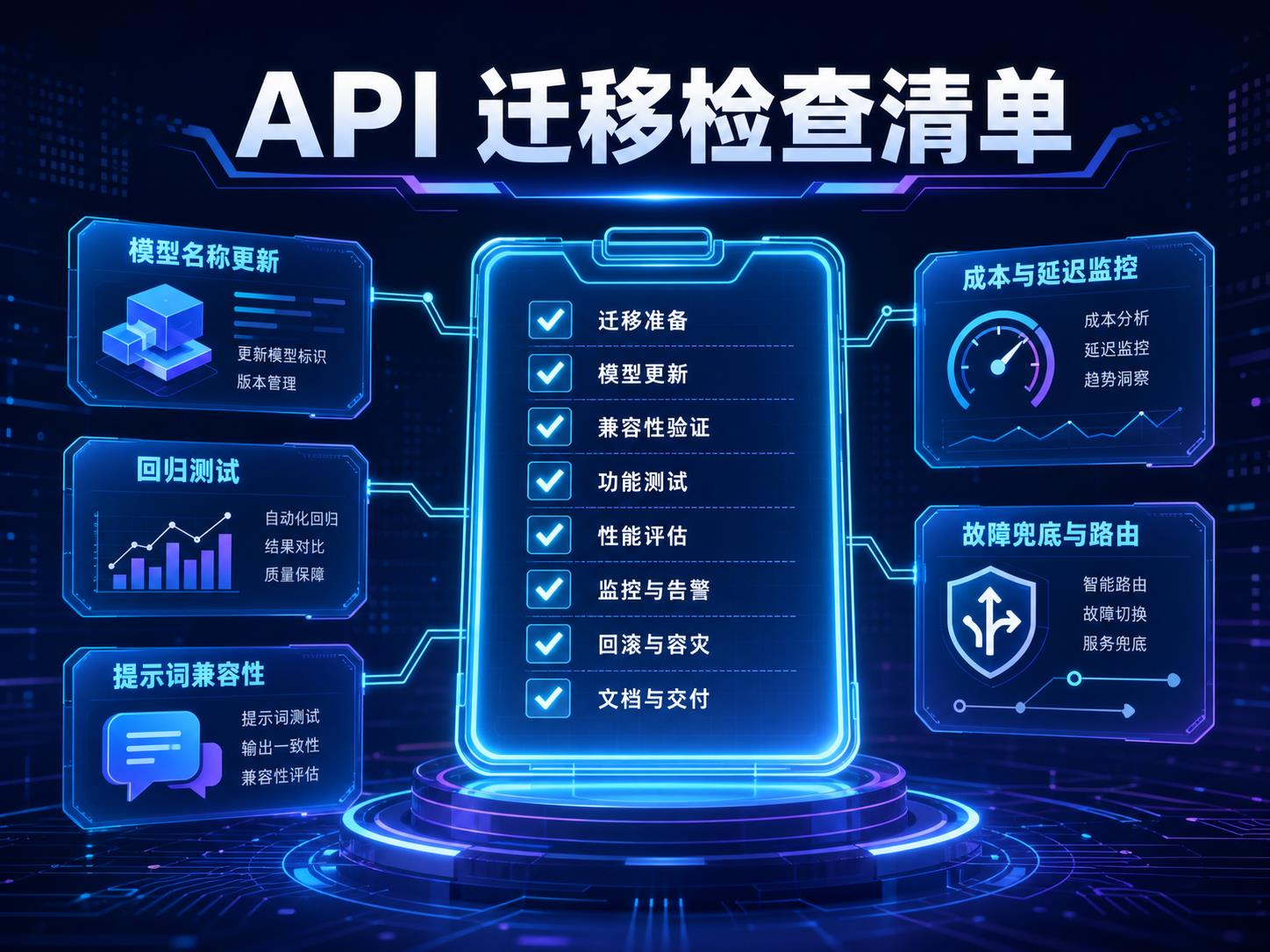 Claude API 迁移检查清单课程海报，展示模型名更新、回归测试、提示词兼容、成本延迟监控和回滚路由