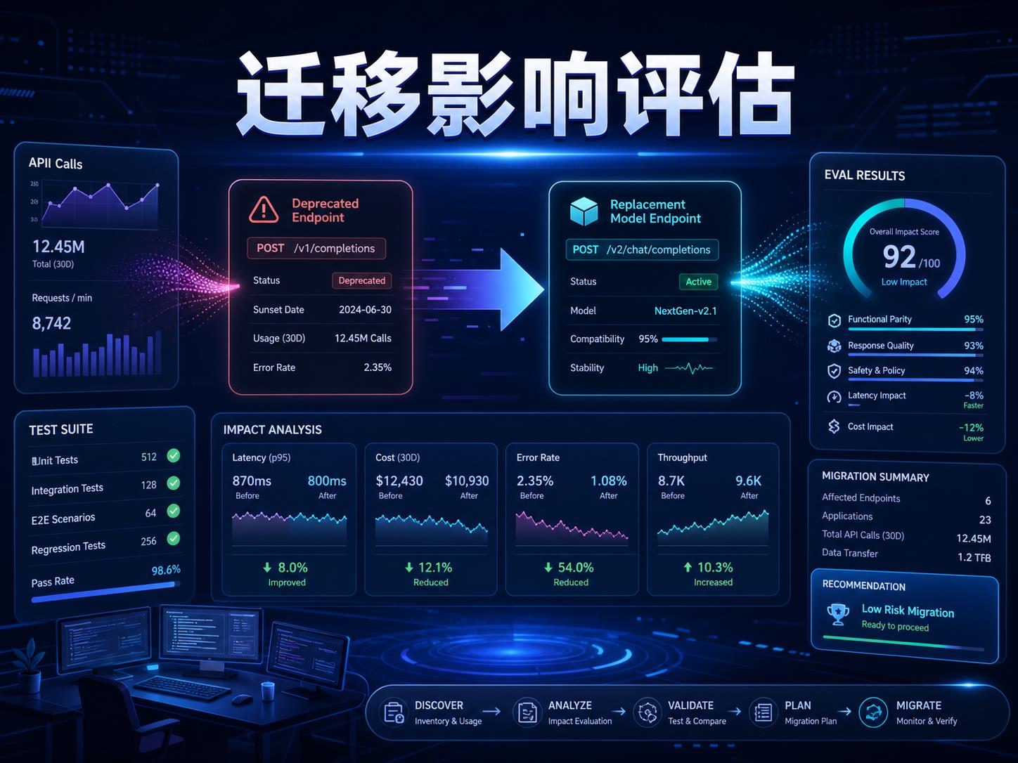 开发者迁移影响评估课程海报，展示 API 请求、评测、成本、延迟和回归测试面板