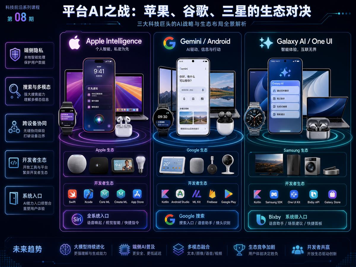 Apple Intelligence、Gemini Android 和 Galaxy AI 三大系统级 AI 平台生态对比图