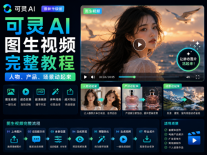 可灵 AI 图生视频完整教程封面图，展示人物、产品和场景图片通过可灵 AI 生成动态短视频的完整流程。