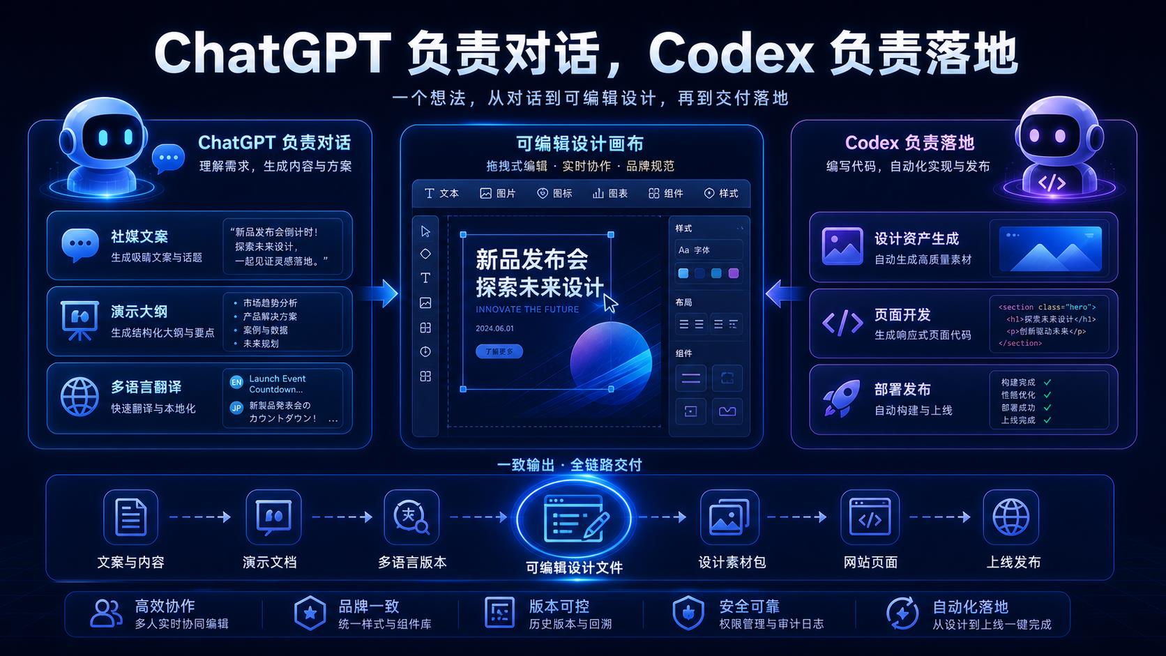 ChatGPT 负责对话 Codex 负责落地的 Canva 设计交付流程图