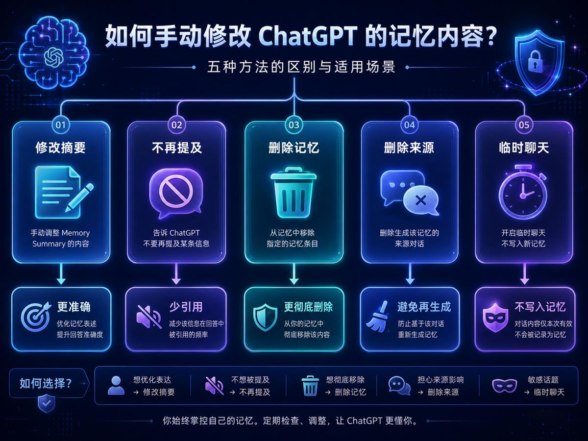 ChatGPT 记忆管理决策图，展示修改摘要、不再提及、删除记忆、删除来源和临时聊天的区别