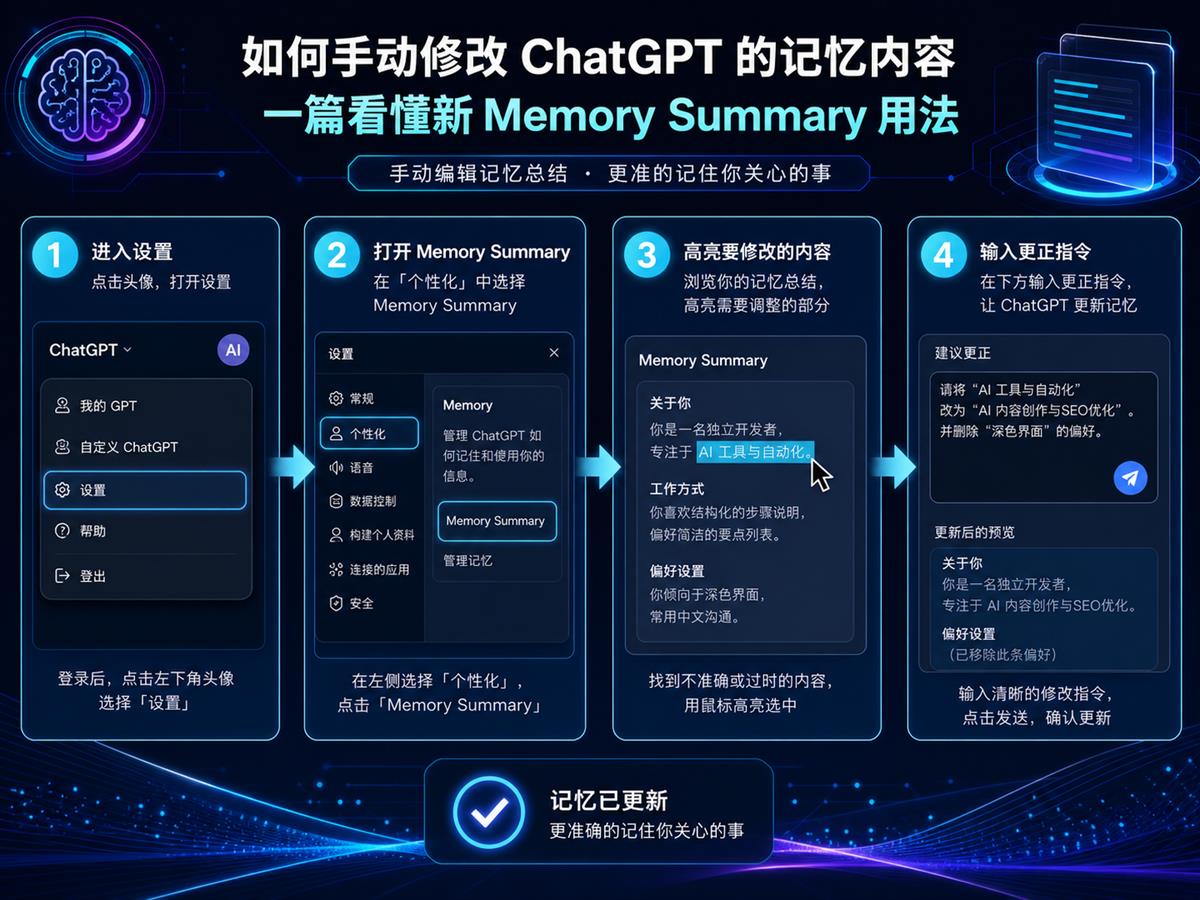 ChatGPT Memory Summary 手动编辑流程，包括进入设置、打开摘要、高亮内容和输入更正指令