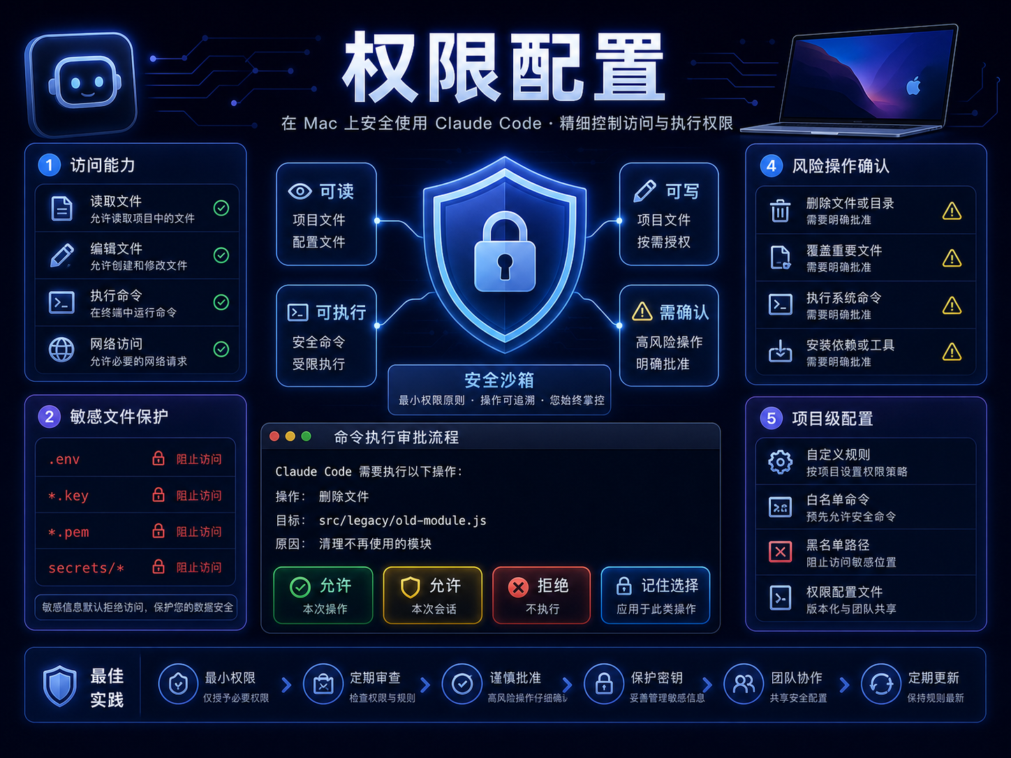Claude Code Mac 权限配置课程海报：文件读取、编辑权限、命令执行、allow deny 规则和敏感文件保护