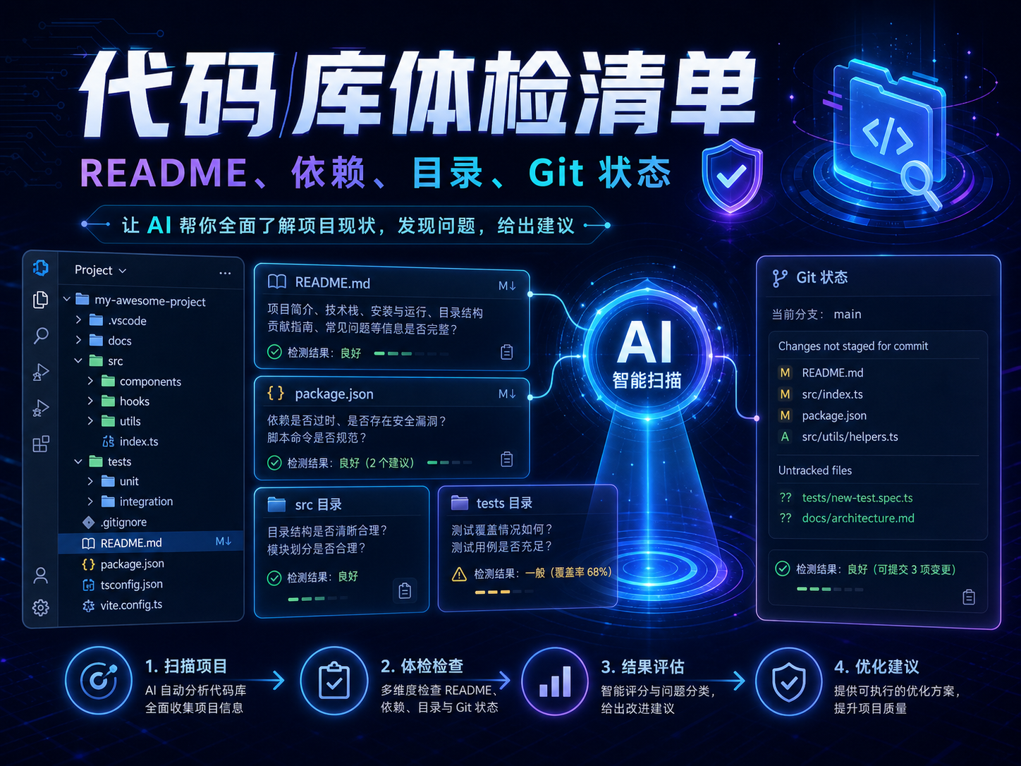 Claude Code 项目初始化代码库体检清单课程海报:README、依赖文件、目录结构、Git 状态和 AI 扫描流程