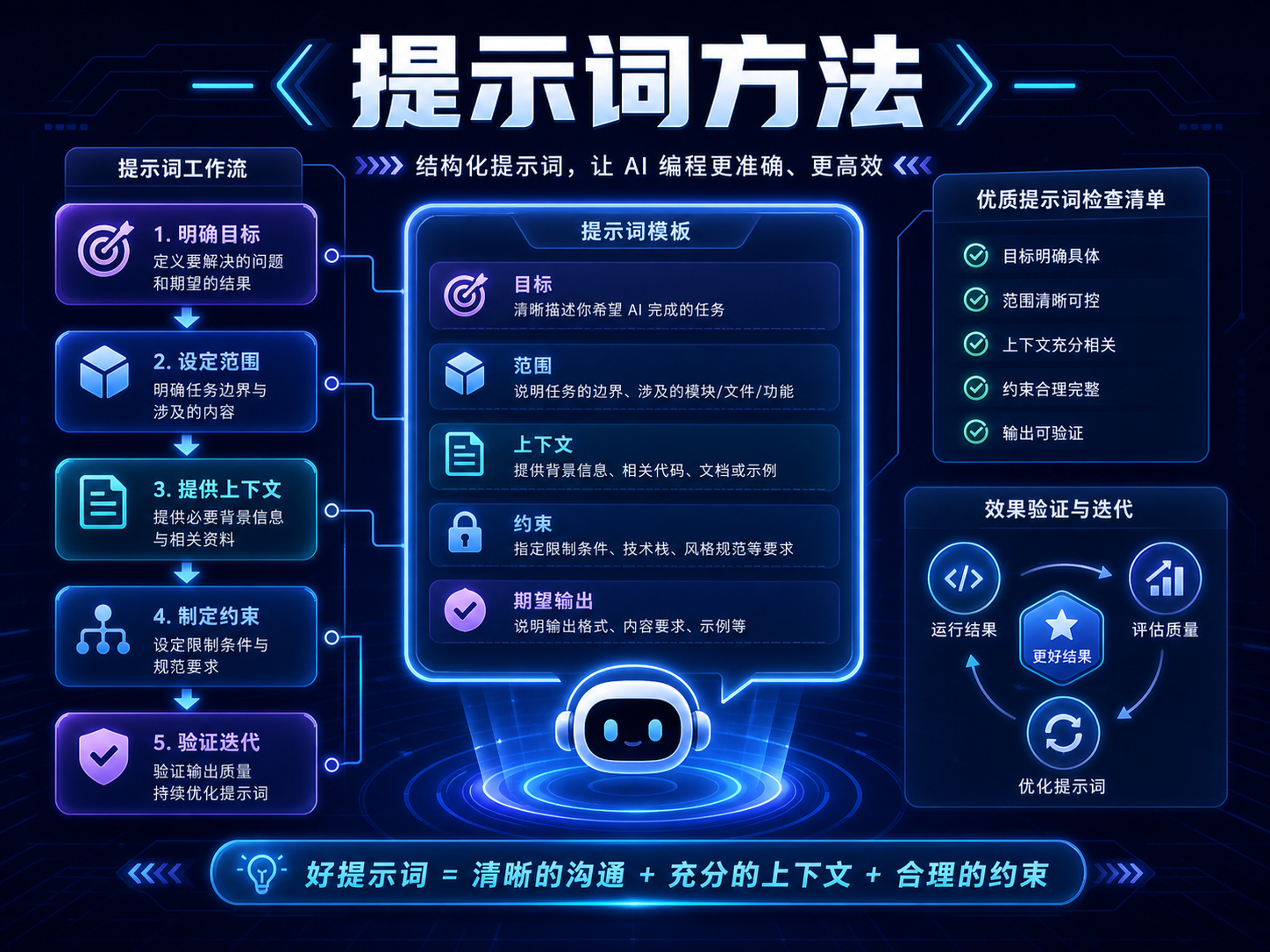 Claude Code 提示词方法课程海报：目标、上下文、范围、计划和验证