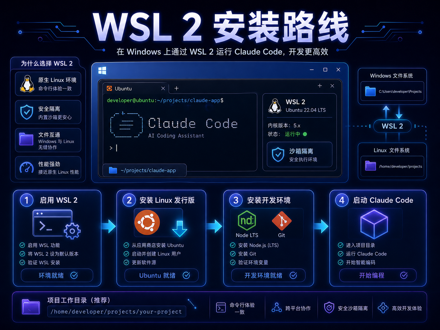 Claude Code Windows WSL 2 安装路线课程海报：启用 WSL、Linux 终端、Node LTS、Git 和沙箱执行