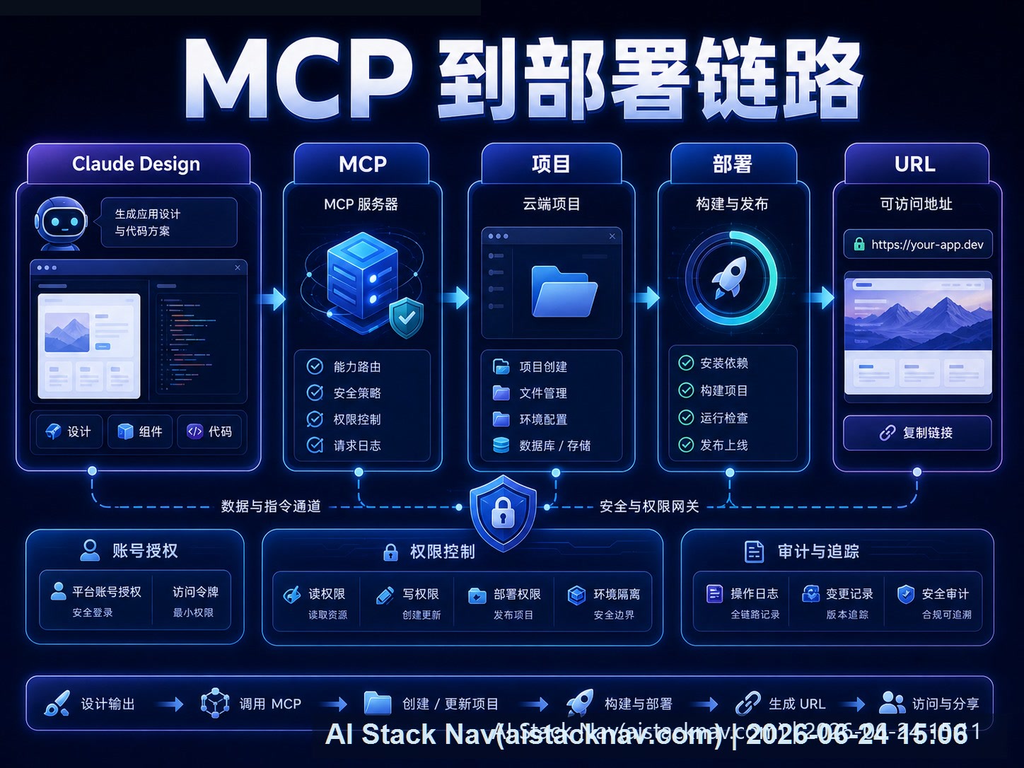 Claude Design 到 Vercel 的 MCP 部署链路课程海报：Claude Design、MCP、项目、部署和 URL