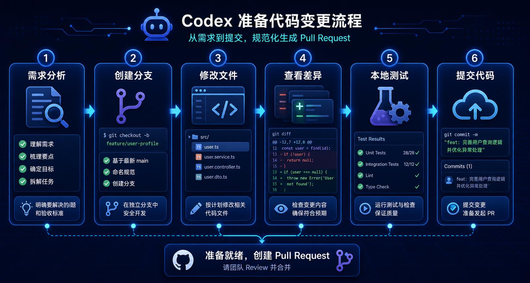 Codex 准备代码修改并生成提交的流程图