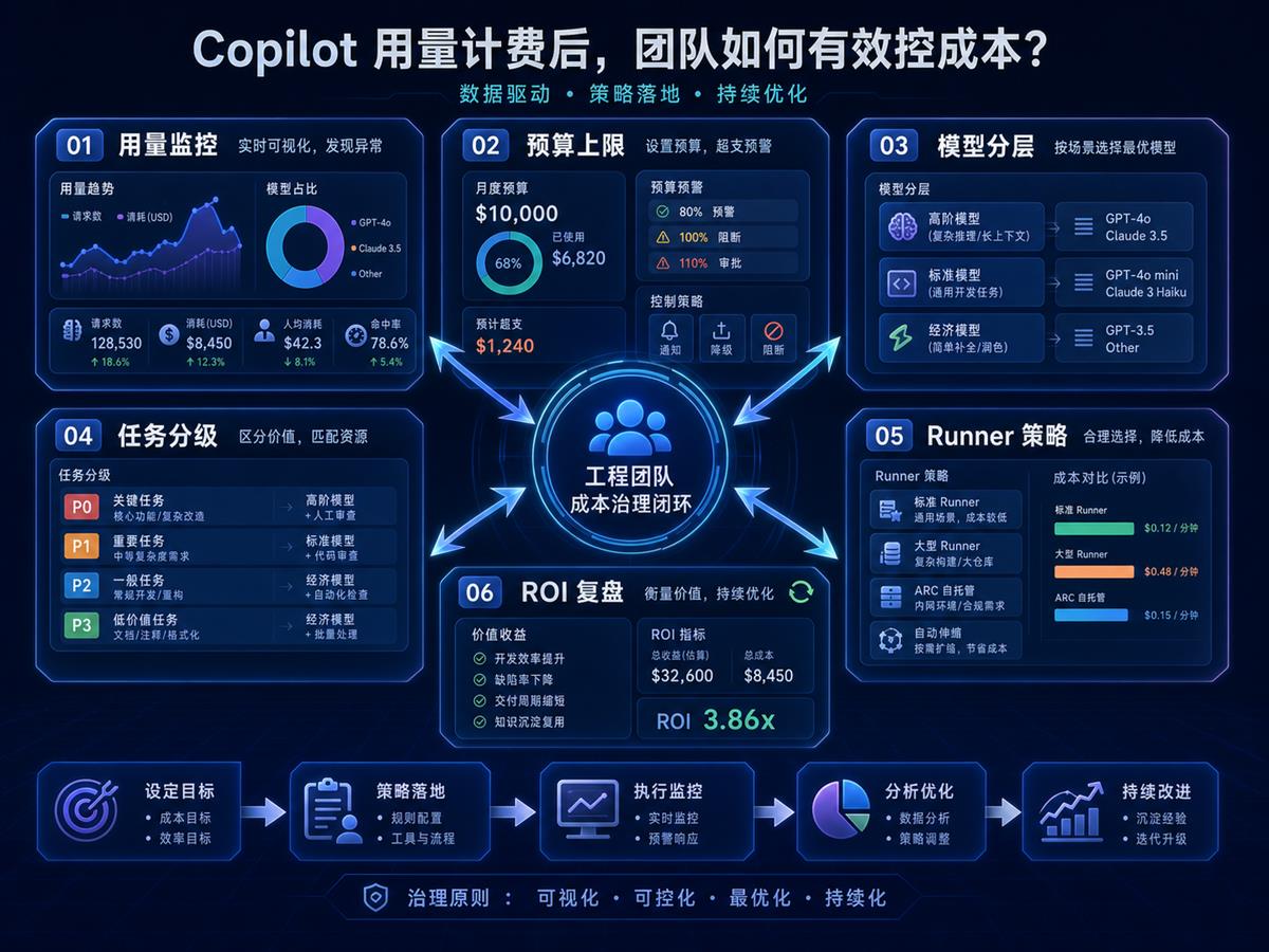 AI 编程工具成本治理流程图，包含用量监控、预算上限、模型分层、任务分级、Runner 策略和 ROI 复盘
