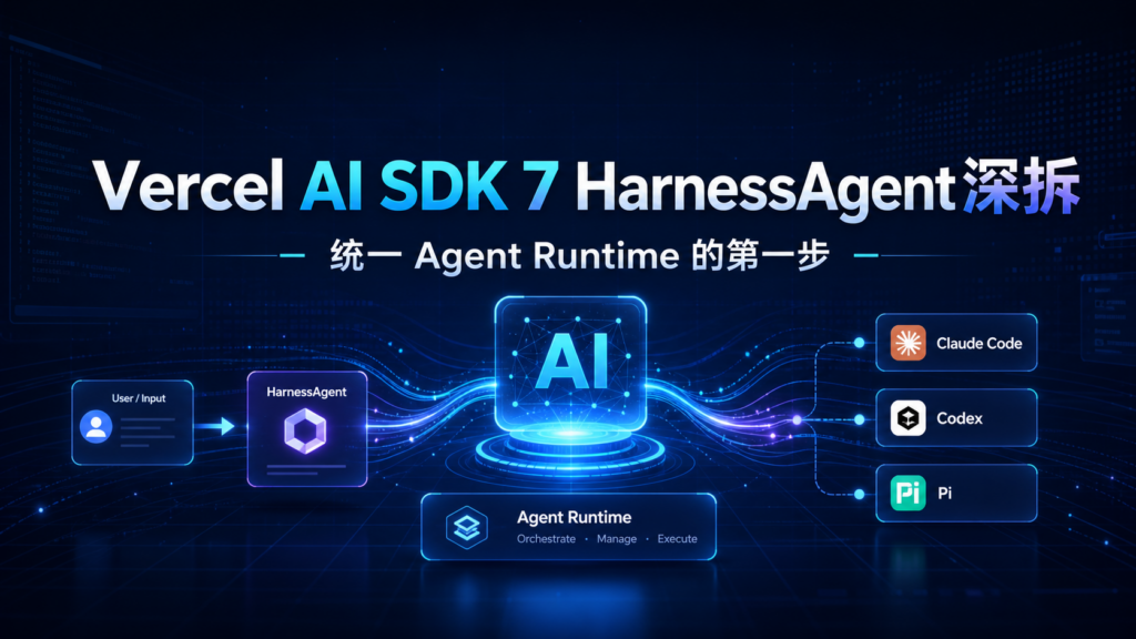 Vercel AI SDK 7 HarnessAgent 深拆科技感封面图，深蓝背景展示统一 Agent Runtime、AI 图标、流程元素和发光效果