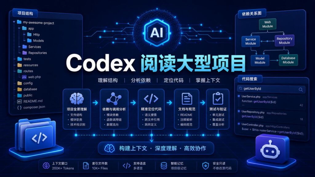 Codex 阅读大型项目代码结构的科技感封面图