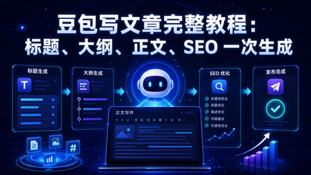 豆包写文章完整教程标题大纲正文SEO一次生成科技感封面图