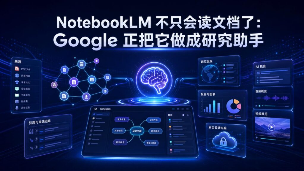 NotebookLM 不只会读文档了 Google 正把它做成研究助手科技感封面图