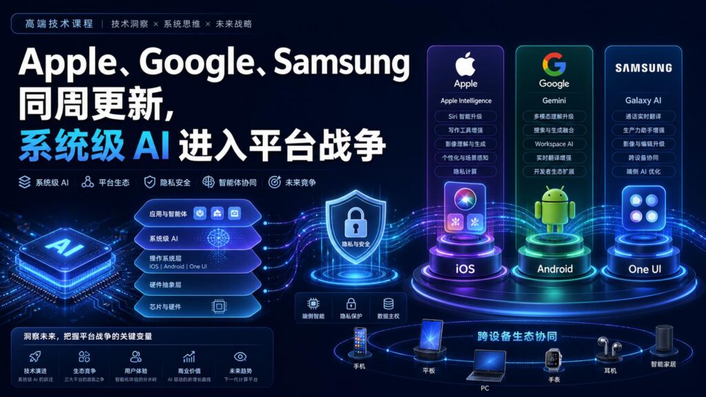 Apple、Google、Samsung 系统级 AI 平台战争科技感封面图