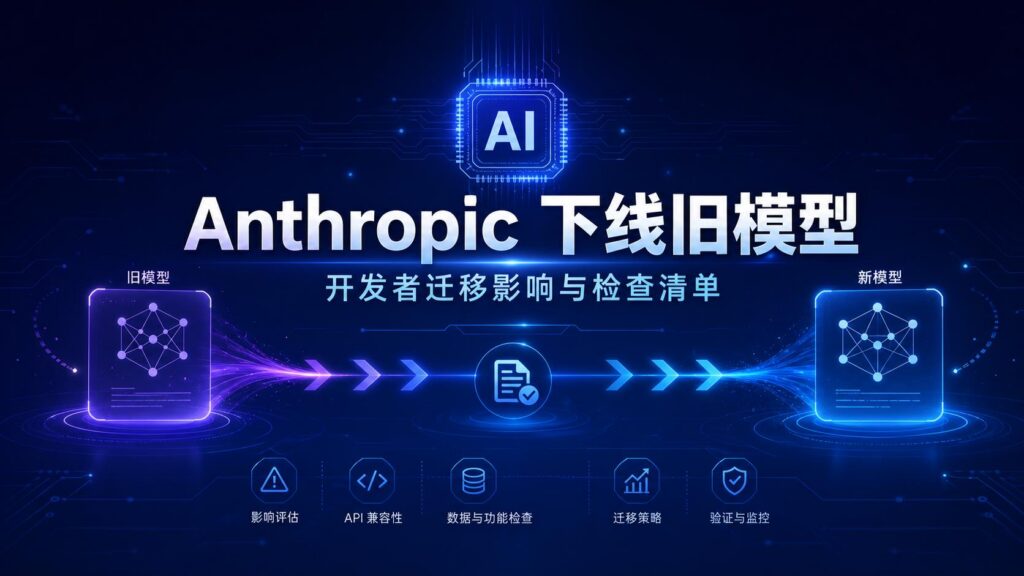 Anthropic 下线旧模型科技感封面图，深蓝色背景突出主标题，展示 AI 模型迁移流程、发光节点和开发者 API 检查元素