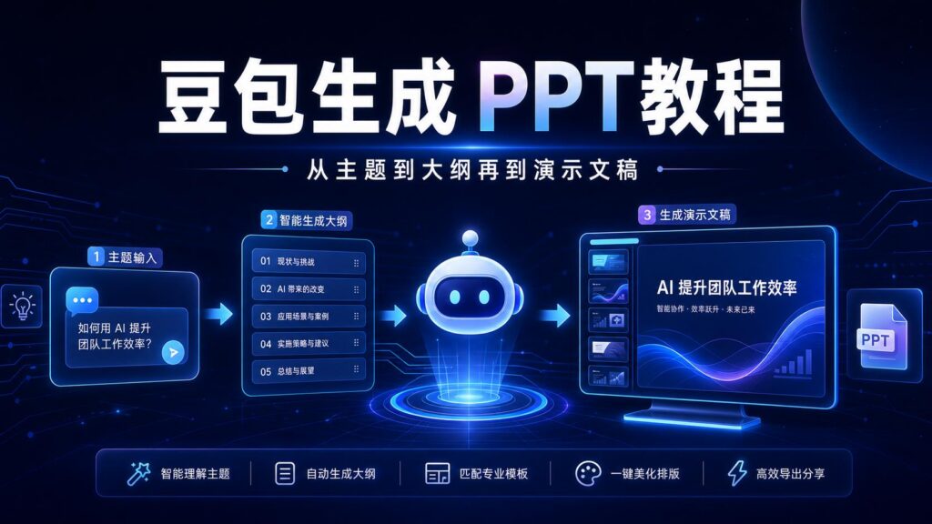 豆包生成 PPT 教程科技感封面图，深蓝色背景突出主标题，展示从主题输入到大纲再到演示文稿的 AI 流程和发光元素