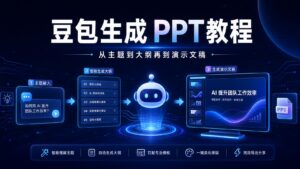 豆包生成 PPT 教程科技感封面图，深蓝色背景突出主标题，展示从主题输入到大纲再到演示文稿的 AI 流程和发光元素