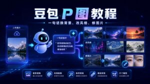 豆包 P 图教程科技感封面图，深蓝色背景突出一句话换背景、改风格、修图片流程，搭配 AI 图标和发光编辑节点