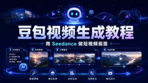 豆包视频生成教程科技感封面图，深蓝色背景突出用 Seedance 做短视频画面，展示提示词、参考图、分镜脚本和生成视频流程