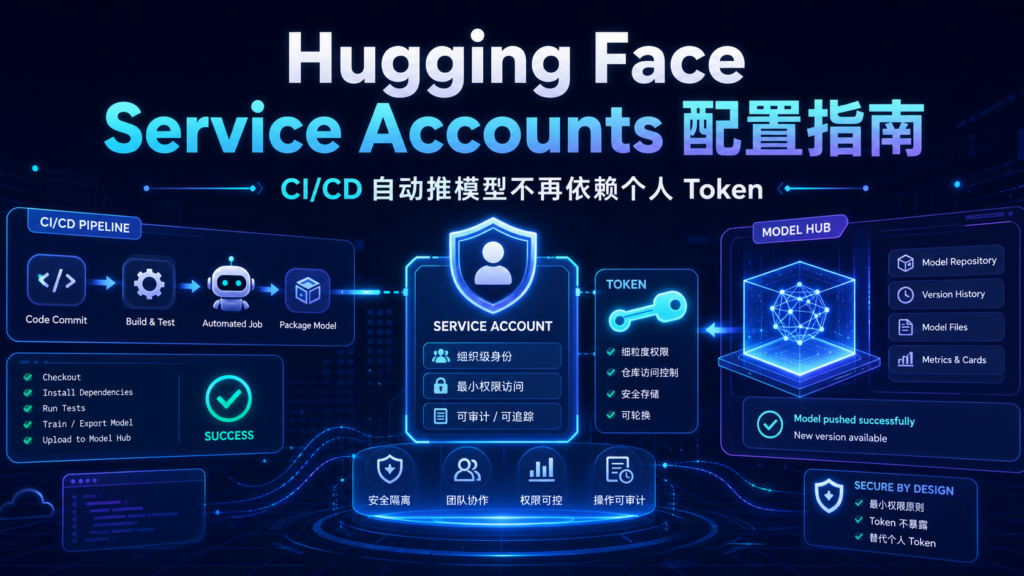 Hugging Face Service Accounts 配置指南科技感封面图，深蓝背景展示 CI/CD 自动推模型、组织身份、AI 图标、Token 权限和发光流程元素