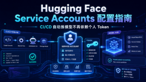 Hugging Face Service Accounts 配置指南科技感封面图，深蓝背景展示 CI/CD 自动推模型、组织身份、AI 图标、Token 权限和发光流程元素