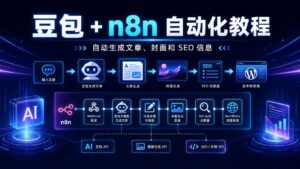 豆包加 n8n 自动化教程科技感封面图，深蓝色背景突出自动生成文章、封面和 SEO 信息流程，搭配 AI 图标、n8n 节点和 WordPress 草稿元素