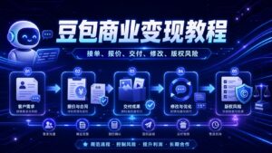豆包商业变现教程科技感封面图，深蓝色背景突出接单、报价、交付、修改和版权风险流程，搭配 AI 图标、合同和风险盾牌元素