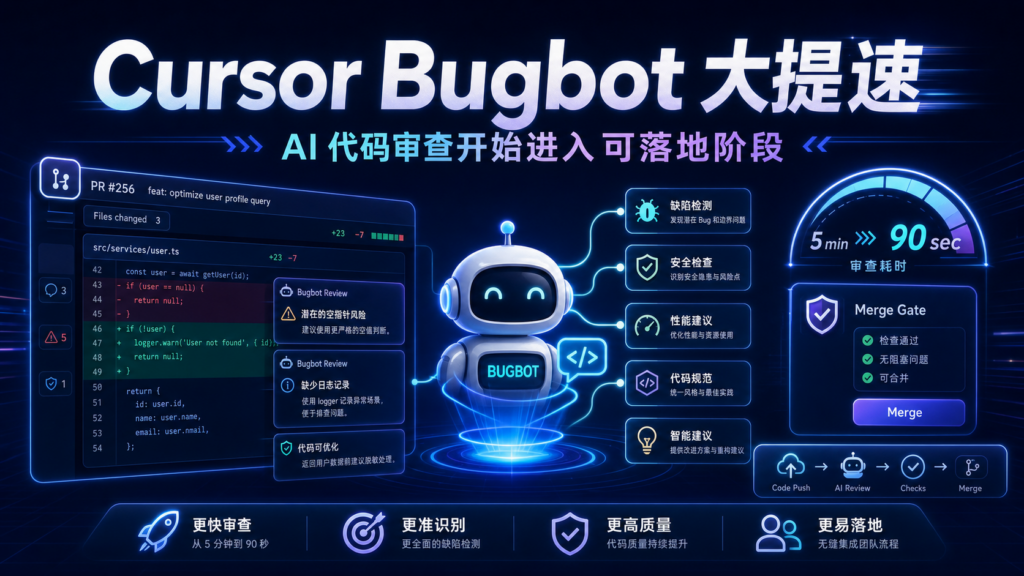 Cursor Bugbot 大提速科技感封面图，深蓝背景展示 AI 代码审查、PR diff、Bug 检测、流程节点和发光效果