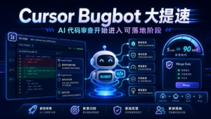Cursor Bugbot 大提速科技感封面图，深蓝背景展示 AI 代码审查、PR diff、Bug 检测、流程节点和发光效果