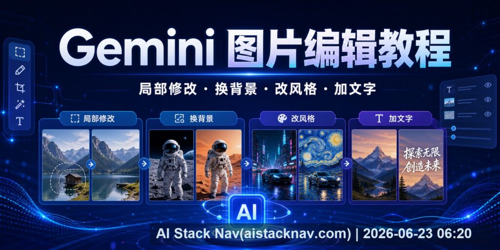 Gemini 图片编辑教程封面图，展示局部修改、换背景、改风格和加文字流程