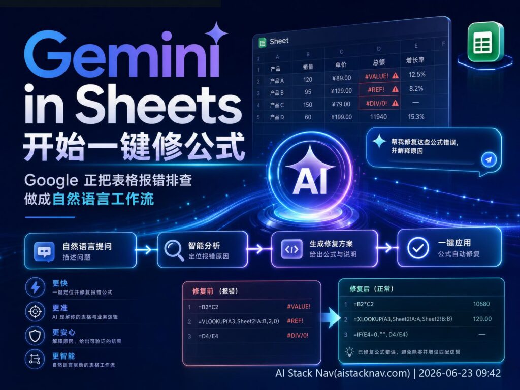 Gemini AI 一键修复 Google Sheets 公式报错科技感封面
