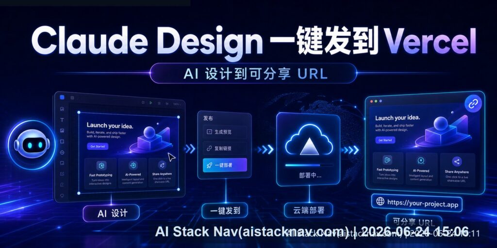 Claude Design 一键发到 Vercel 封面图，展示 AI 设计到可分享 URL 的部署流程