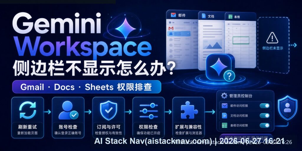 Gemini Workspace 侧边栏不显示排查教程封面图，展示 Gmail、Docs、Sheets 权限和入口检查流程