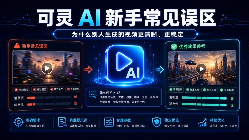可灵 AI 新手常见误区为什么别人生成的视频更清晰更稳定科技感封面图