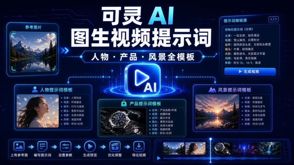 可灵 AI 图生视频提示词人物产品风景全模板科技感封面图
