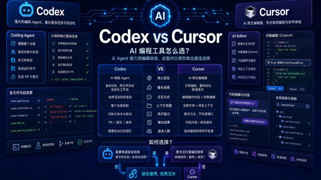 Codex vs Cursor AI 编程工具对比科技感封面图