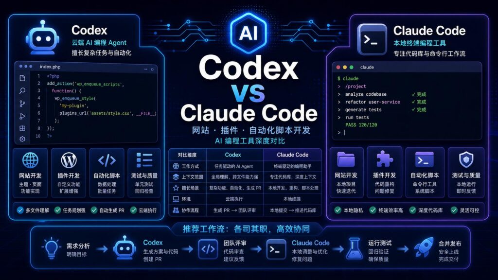 Codex vs Claude Code AI 编程工具对比科技感封面图