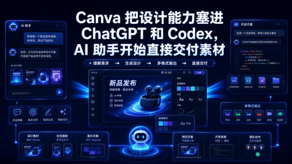 Canva 接入 ChatGPT 和 Codex 后 AI 助手直接交付设计素材科技感封面图
