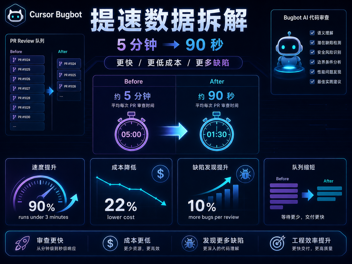 Cursor Bugbot 提速数据拆解课程海报：5 分钟到 90 秒、更低成本、更多缺陷发现