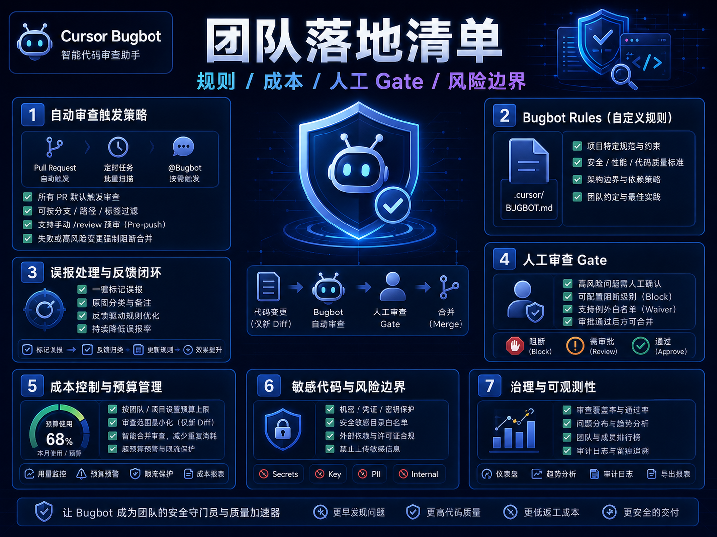 Cursor Bugbot 团队落地治理清单课程海报：规则、成本、人工 Gate 和风险边界