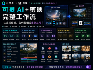 可灵 AI + 剪映完整工作流教程封面图，展示从 AI 生成视频素材到剪辑成爆款成片的完整流程。
